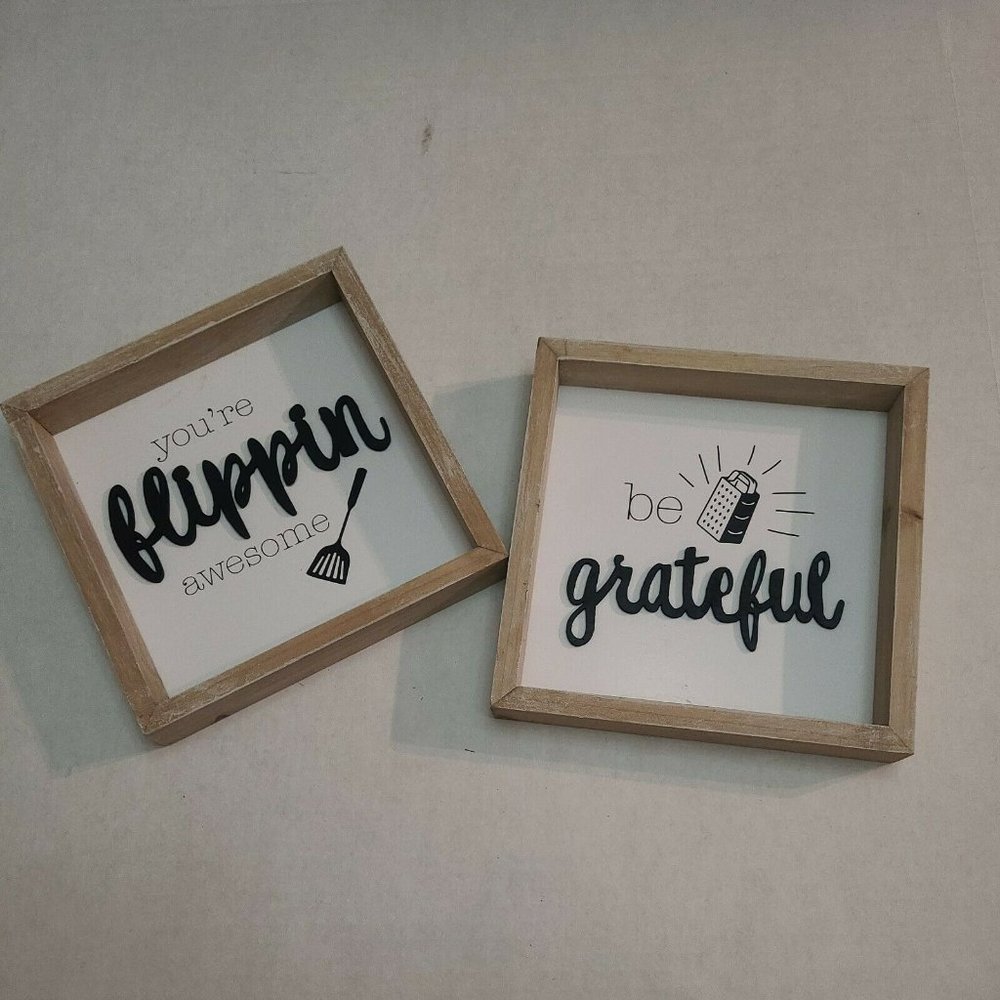 Wooden Kitchen Sign Decor (2) You're Flipping Awesome and Be Grateful 8" X 8"
